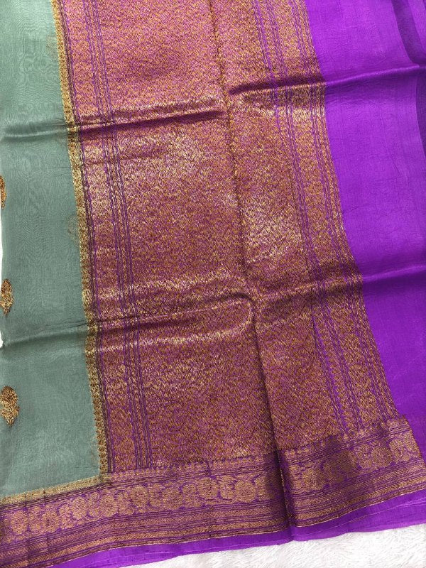 Olive Sage Green & Jamuni Purple Handloom Banarasi Kora Silk Saree | Antique Zari Kadhua Feather Booti