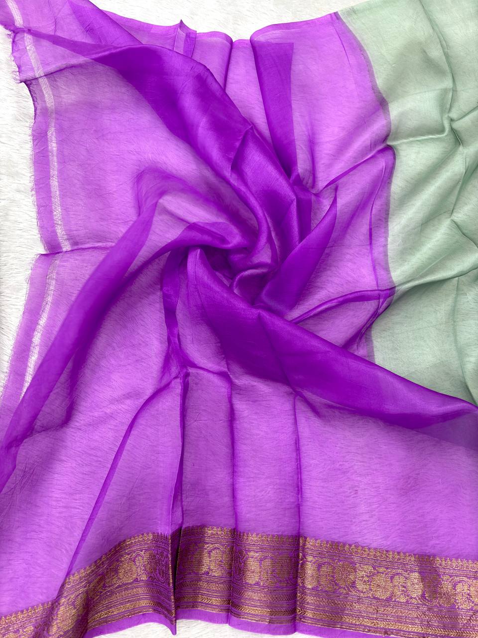 Olive Sage Green & Jamuni Purple Handloom Banarasi Kora Silk Saree | Antique Zari Kadhua Feather Booti