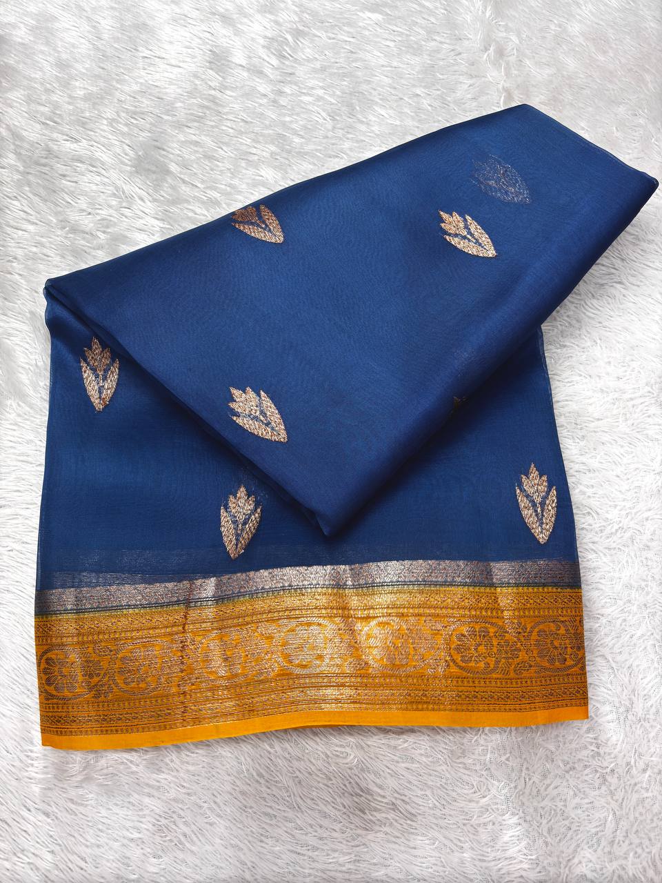 Ink Blue & Mustard Yellow Handloom Banarasi Kora Silk Saree | Antique Gold Kadhua Ashrafi Booti