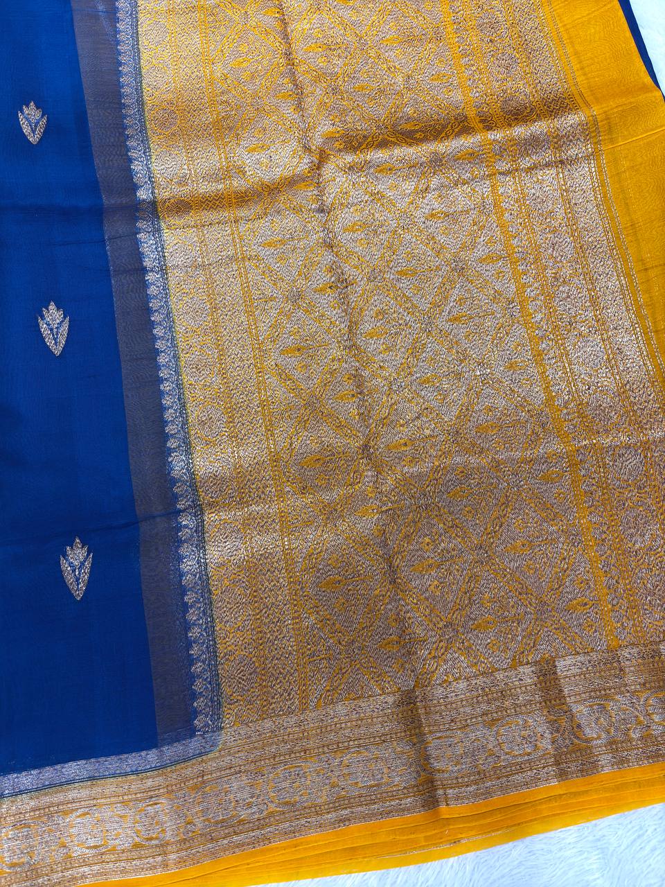 Ink Blue & Mustard Yellow Handloom Banarasi Kora Silk Saree | Antique Gold Kadhua Ashrafi Booti