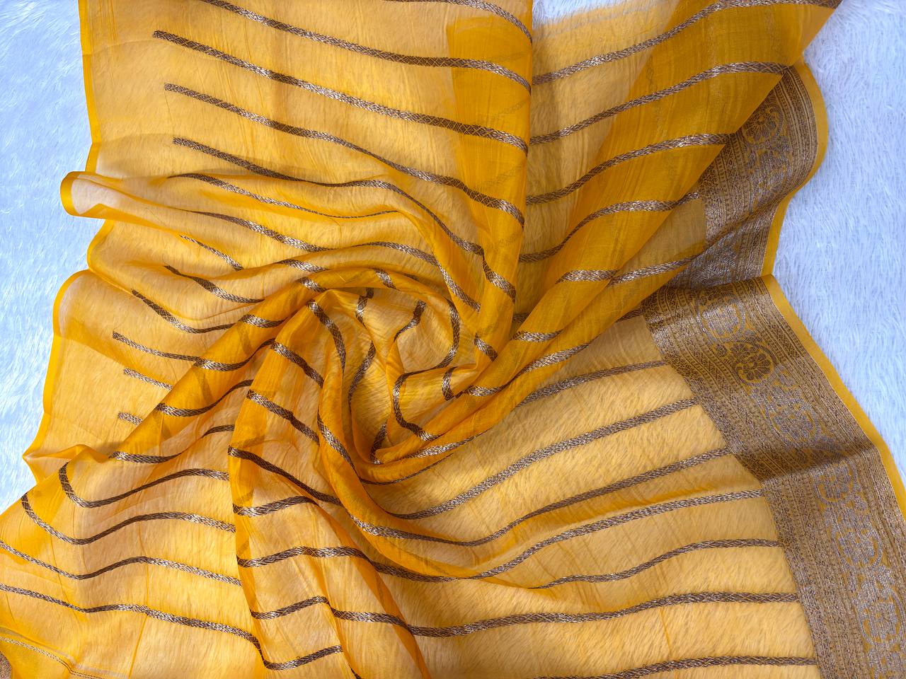 Ink Blue & Mustard Yellow Handloom Banarasi Kora Silk Saree | Antique Gold Kadhua Ashrafi Booti