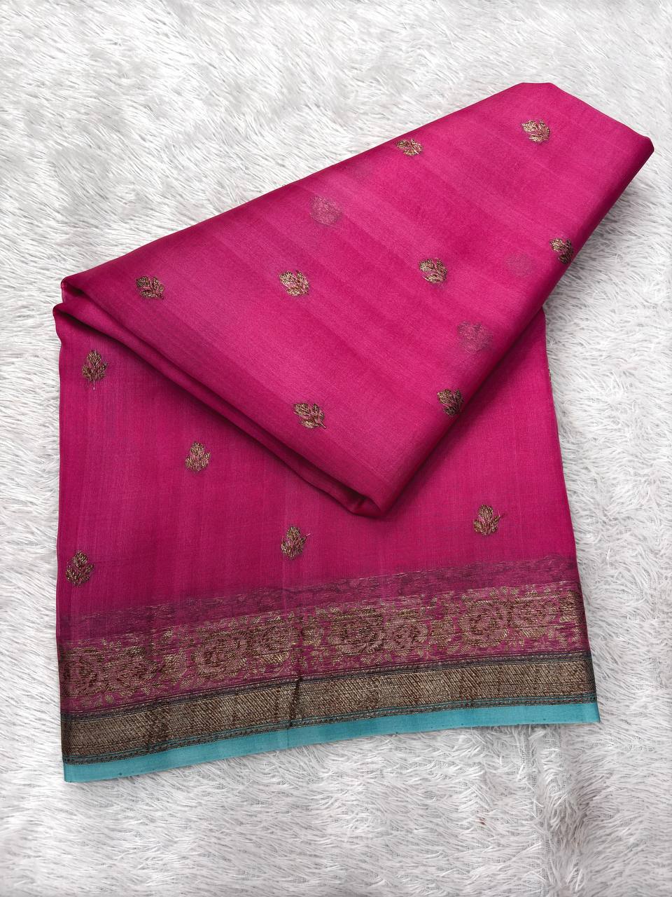 Rani Pink & Firoza Blue Handloom Banarasi Kora Silk Saree | Antique Zari Kadhua Booti & Paisley Pallu
