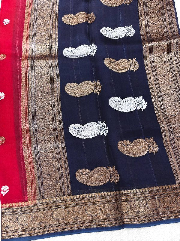 Crimson & Navy Handloom Banarasi Kora Silk Saree | Antique Zari Kadhua Booti & Paisley Pallu