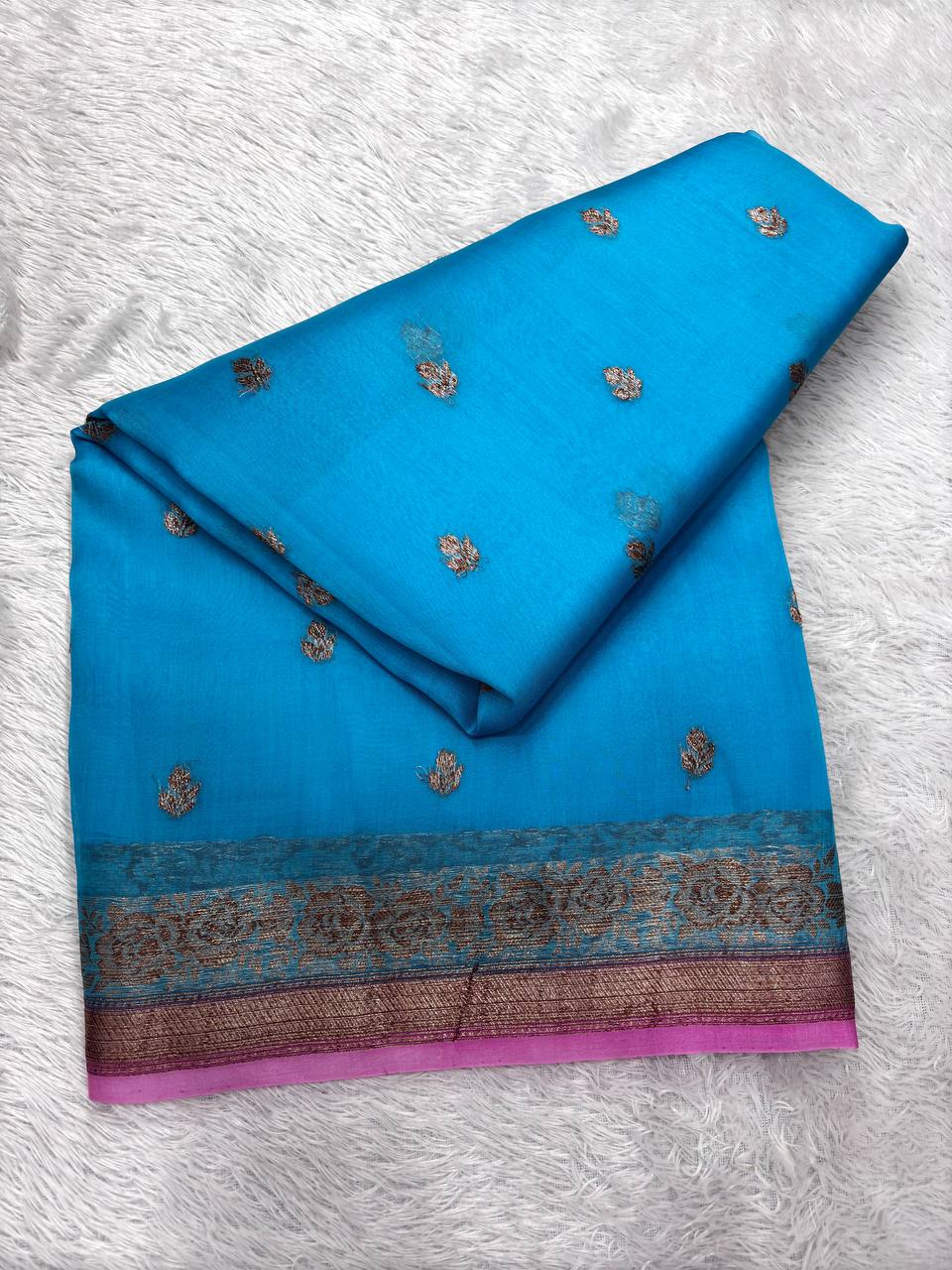 Firoza Sky Blue & Orchid Magenta Contrast Handloom Khaddi Kora Silk Saree | Antique Zari Kadhua Boota & Heritage Paisley Pallu