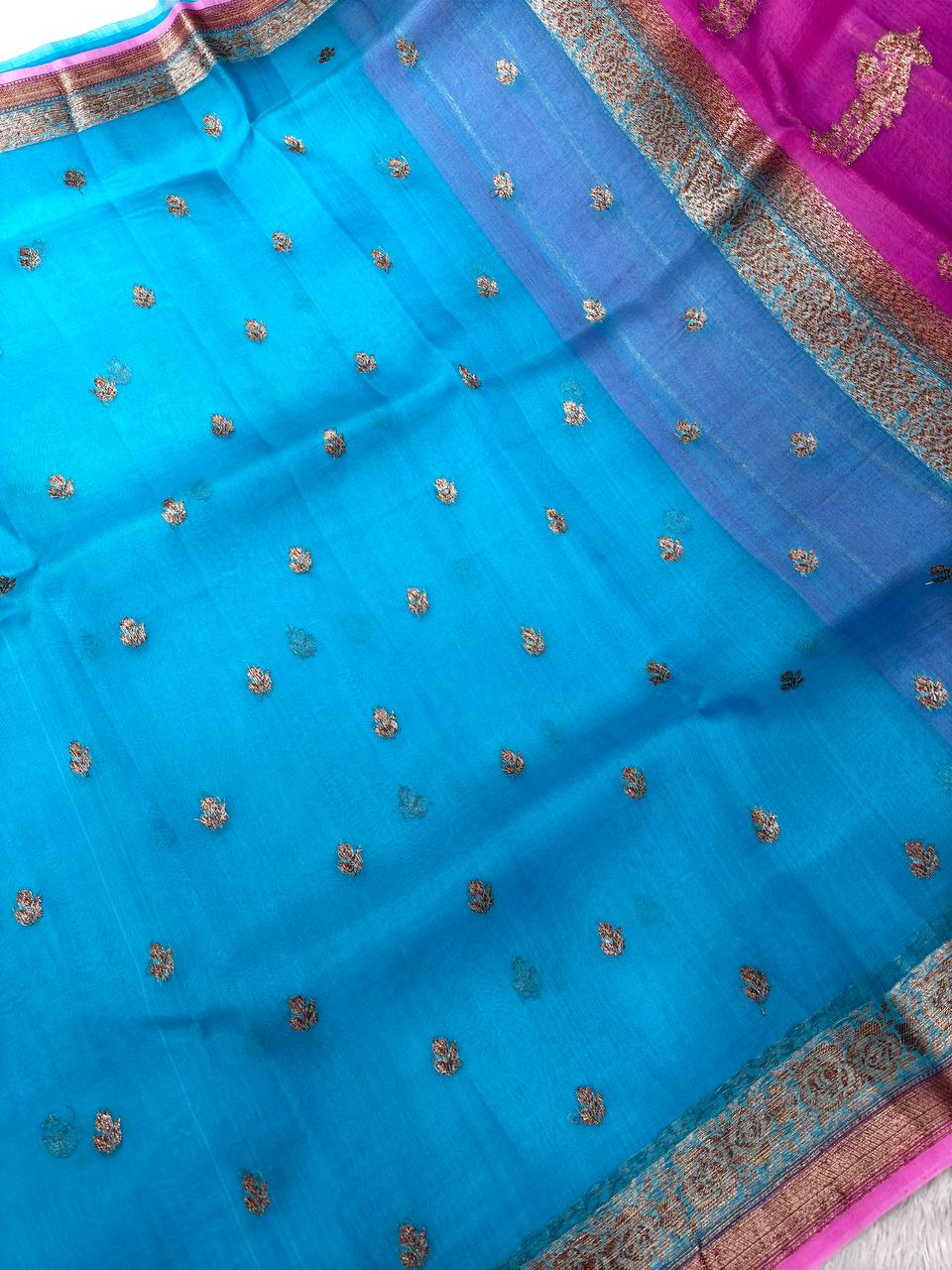 Firoza Sky Blue & Orchid Magenta Contrast Handloom Khaddi Kora Silk Saree | Antique Zari Kadhua Boota & Heritage Paisley Pallu