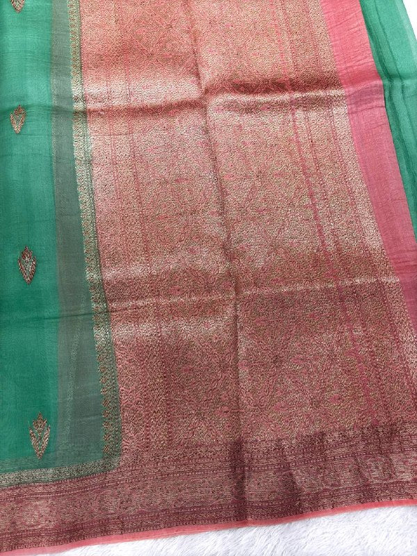 Sea Green & Pastel Coral Contrast Handloom Khaddi Kora Silk Saree | Antique Zari Kadhua Boota & Ornate Floral Jaal Pallu