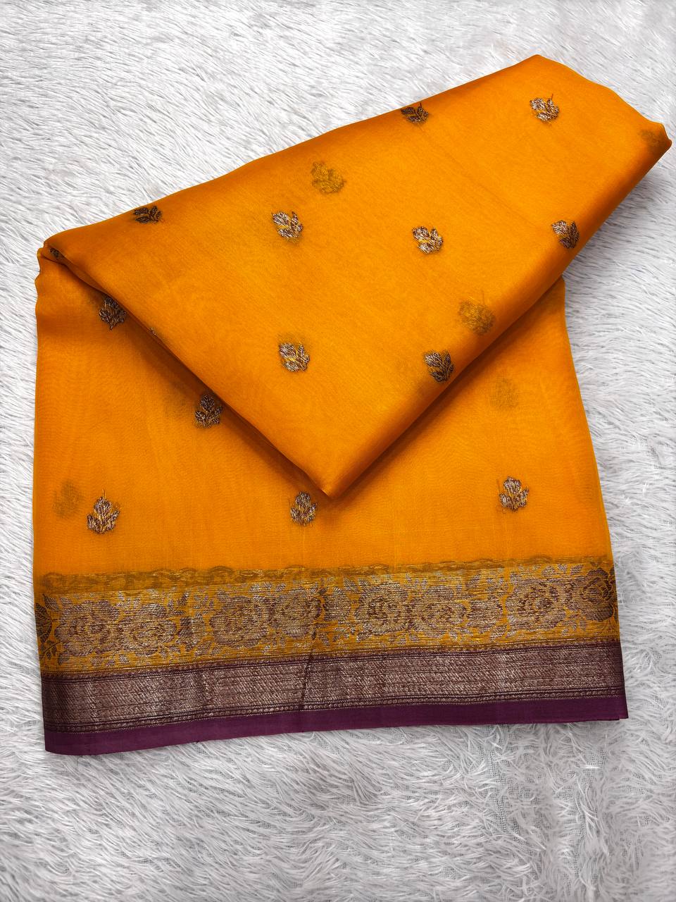 Mustard Haldi & Deep Wine Contrast Handloom Khaddi Kora Silk Saree | Antique Zari Kadhua Boota & Heritage Paisley Pallu