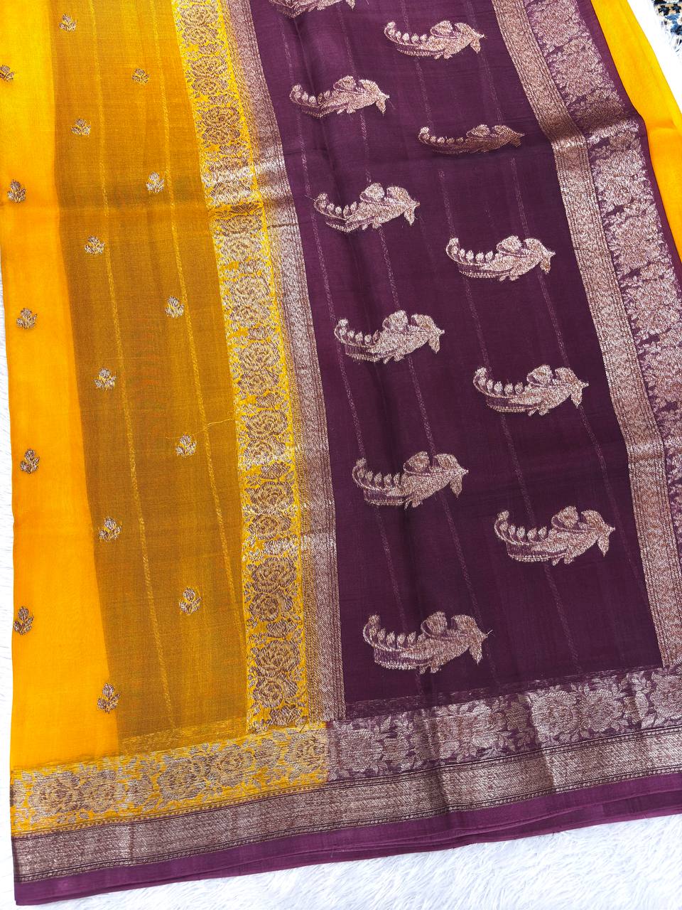 Mustard Haldi & Deep Wine Contrast Handloom Khaddi Kora Silk Saree | Antique Zari Kadhua Boota & Heritage Paisley Pallu