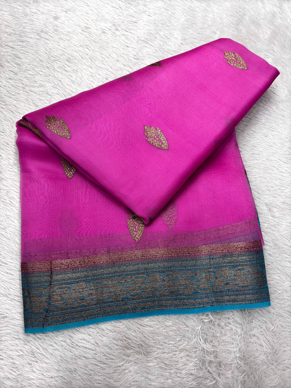 Rani Magenta & Firoza Sky Blue Contrast Handloom Khaddi Kora Silk Saree | Antique Zari Kadhua Boota & Geometric Diamond Jaal Pallu  Color Analysis