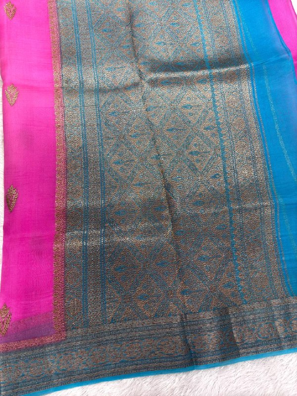Rani Magenta & Firoza Sky Blue Contrast Handloom Khaddi Kora Silk Saree | Antique Zari Kadhua Boota & Geometric Diamond Jaal Pallu  Color Analysis