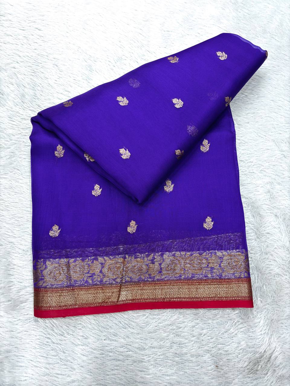 Violet Indigo & Crimson Red Contrast Handloom Khaddi Kora Silk Saree | Antique Zari Kadhua Boota & Heritage Paisley Pallu