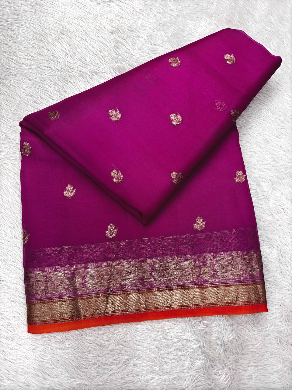 Magenta Purple & Scarlet Vermilion Contrast Handloom Khaddi Kora Silk Saree | Antique Zari Kadhua Boota & Heritage Paisley Pallu