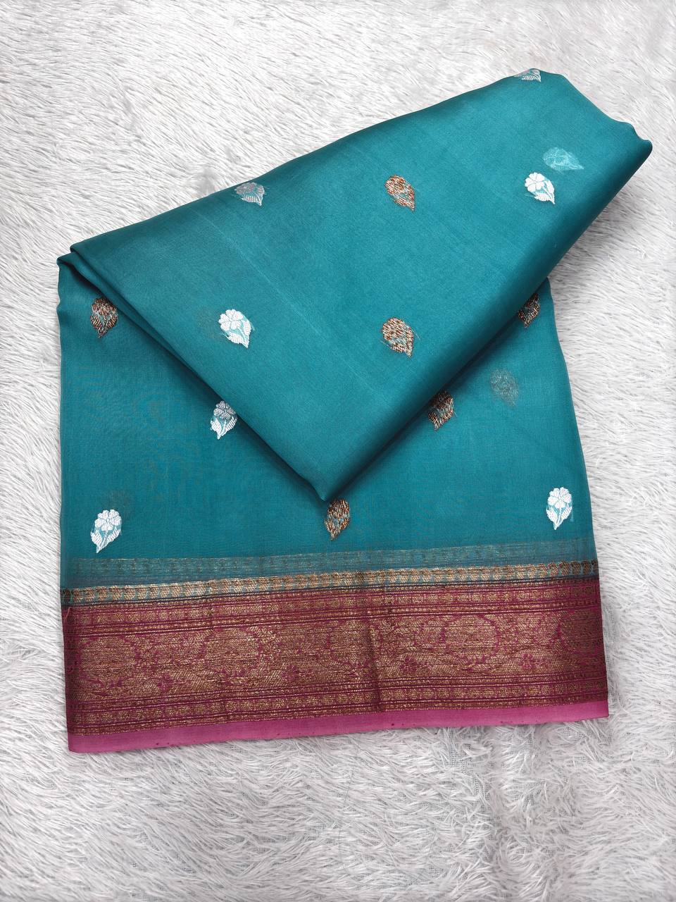 Ocean Teal & Rani Pink Contrast Handloom Khaddi Kora Silk Saree | Antique Zari Kadhua Boota & Heritage Paisley Pallu