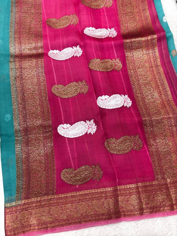 Ocean Teal & Rani Pink Contrast Handloom Khaddi Kora Silk Saree | Antique Zari Kadhua Boota & Heritage Paisley Pallu