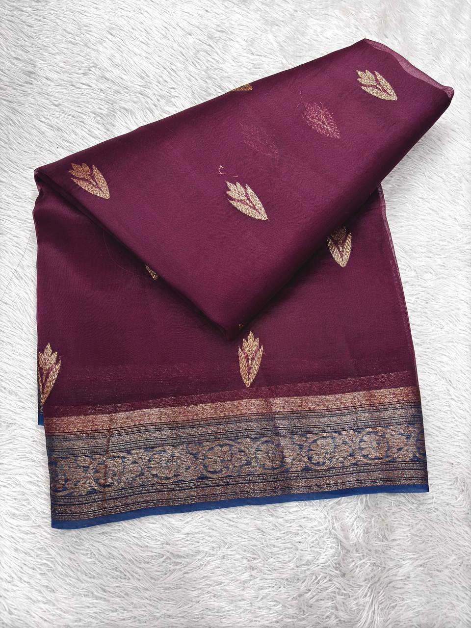 Deep Wine & Ink Blue Contrast Handloom Khaddi Kora Silk Saree | Antique Zari Kadhua Boota & Geometric Jhali Pallu