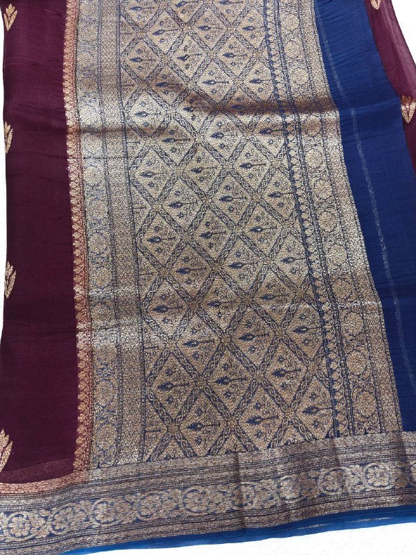 Deep Wine & Ink Blue Contrast Handloom Khaddi Kora Silk Saree | Antique Zari Kadhua Boota & Geometric Jhali Pallu