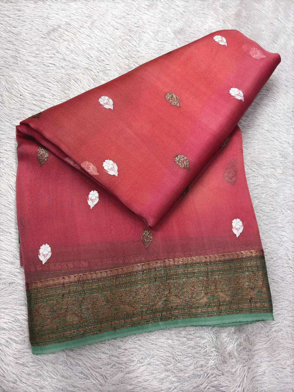 Coral Peach & Emerald Contrast Handloom Khaddi Kora Silk Saree | Antique Zari Kadhua Boota & Paisley Pallu