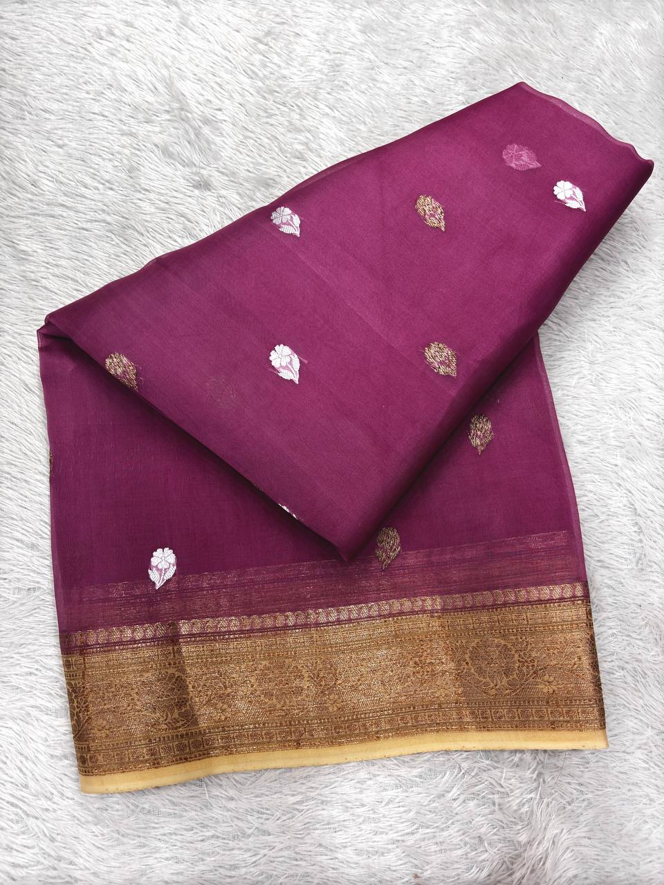 Plum Wine & Beige Contrast Handloom Khaddi Kora Silk Saree | Antique Zari Kadhua Boota & Paisley Pallu