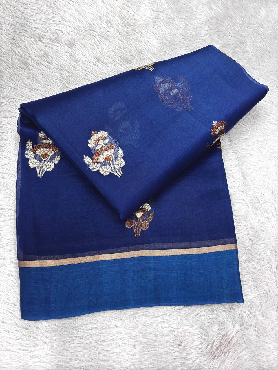 Royal Cobalt Handloom Khaddi Kora Silk Banarasi Saree | Antique Zari Kadhua Boota & Ornate Jhali Pallu