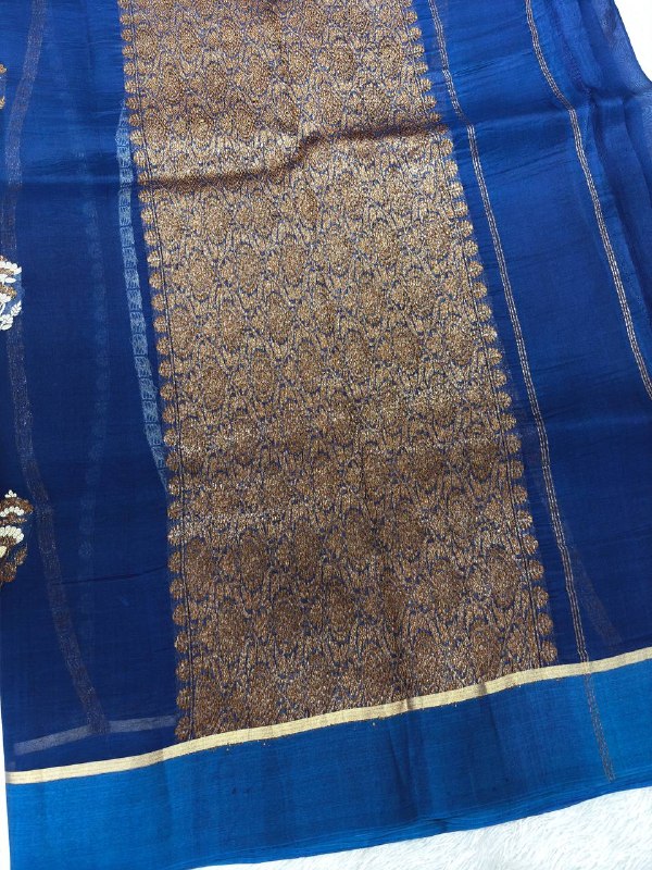 Royal Cobalt Handloom Khaddi Kora Silk Banarasi Saree | Antique Zari Kadhua Boota & Ornate Jhali Pallu