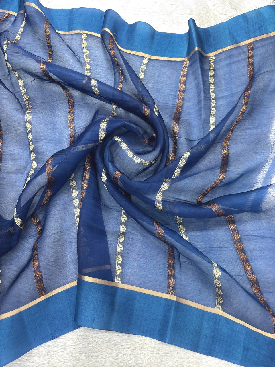 Royal Cobalt Handloom Khaddi Kora Silk Banarasi Saree | Antique Zari Kadhua Boota & Ornate Jhali Pallu