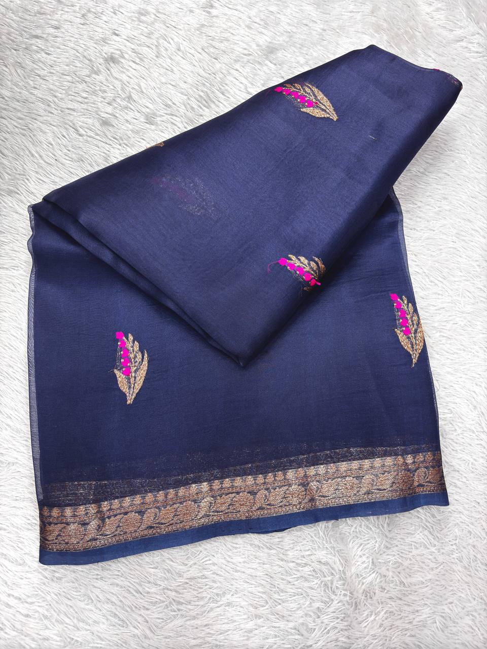Midnight Navy Handloom Khaddi Kora Silk Banarasi Saree | Antique Zari Kadhua Boota & Jhali Pallu