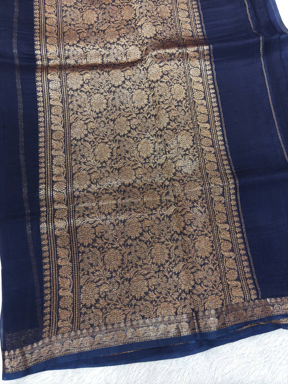 Midnight Navy Handloom Khaddi Kora Silk Banarasi Saree | Antique Zari Kadhua Boota & Jhali Pallu