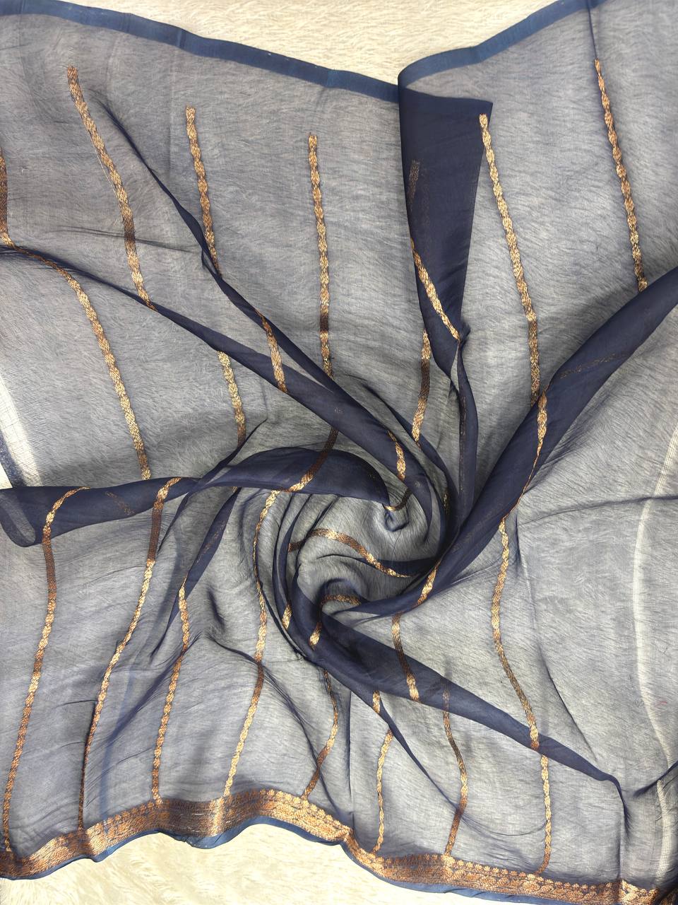 Midnight Navy Handloom Khaddi Kora Silk Banarasi Saree | Antique Zari Kadhua Boota & Jhali Pallu