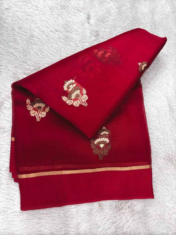 Crimson Red Handloom Khaddi Kora Silk Banarasi Saree | Antique Zari Kadhua Boota & Jhali Pallu
