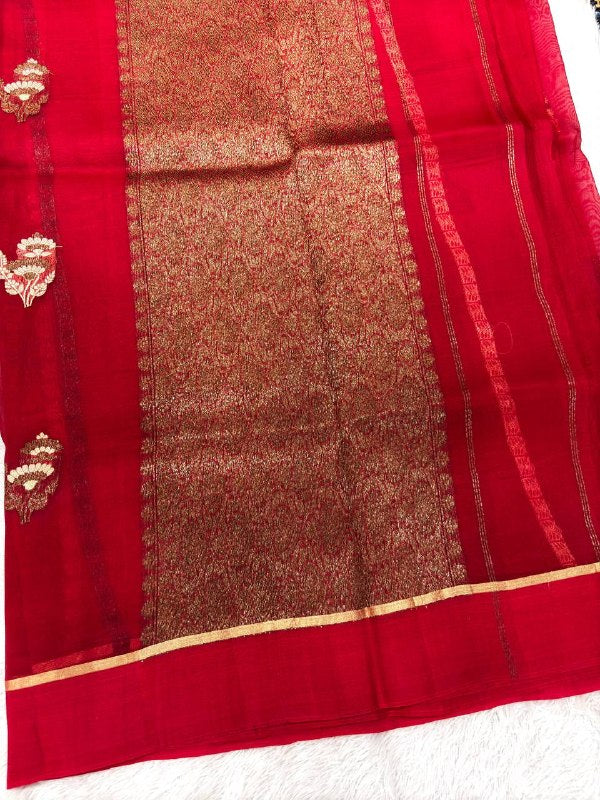 Crimson Red Handloom Khaddi Kora Silk Banarasi Saree | Antique Zari Kadhua Boota & Jhali Pallu