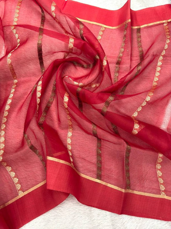Crimson Red Handloom Khaddi Kora Silk Banarasi Saree | Antique Zari Kadhua Boota & Jhali Pallu