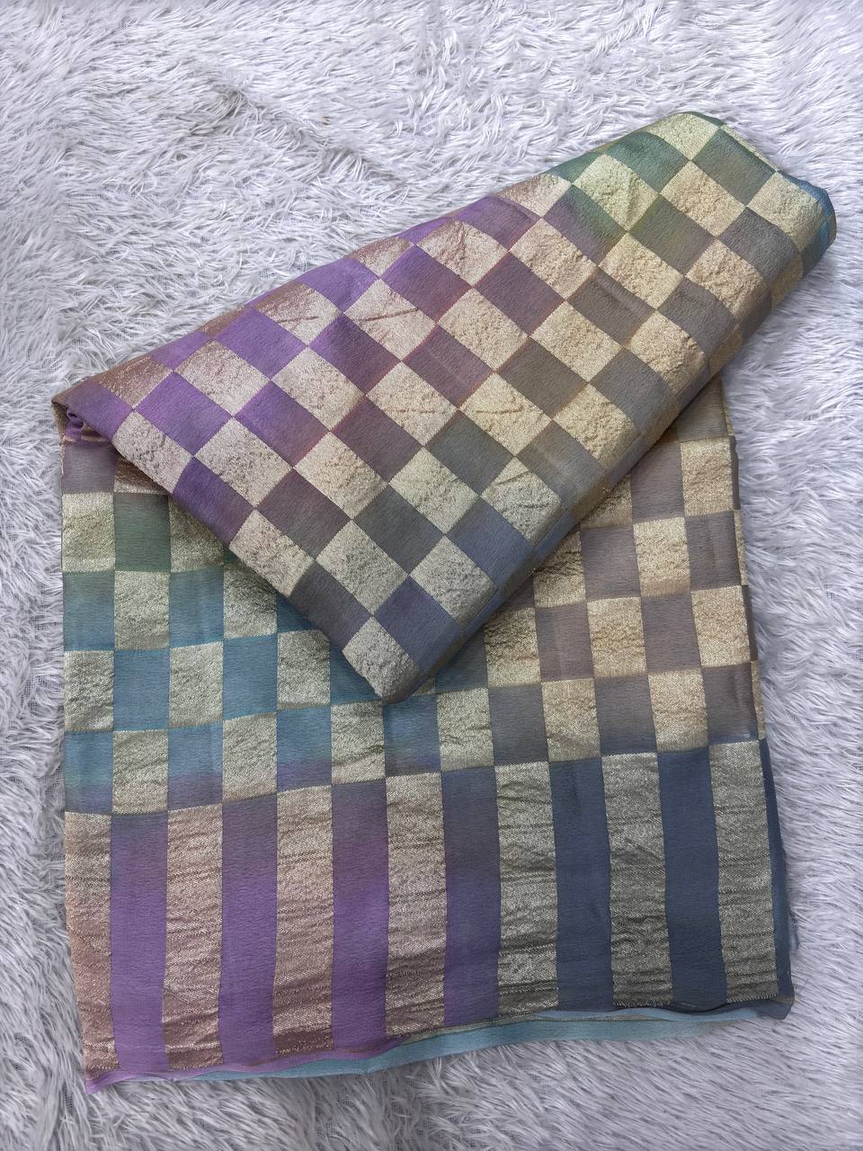 Charcoal Grey & Lavender Muted Pastel Rungkaat Handloom Banarasi Kora Silk Saree | Antique Gold Zari Geometric Chowkda Box Pattern