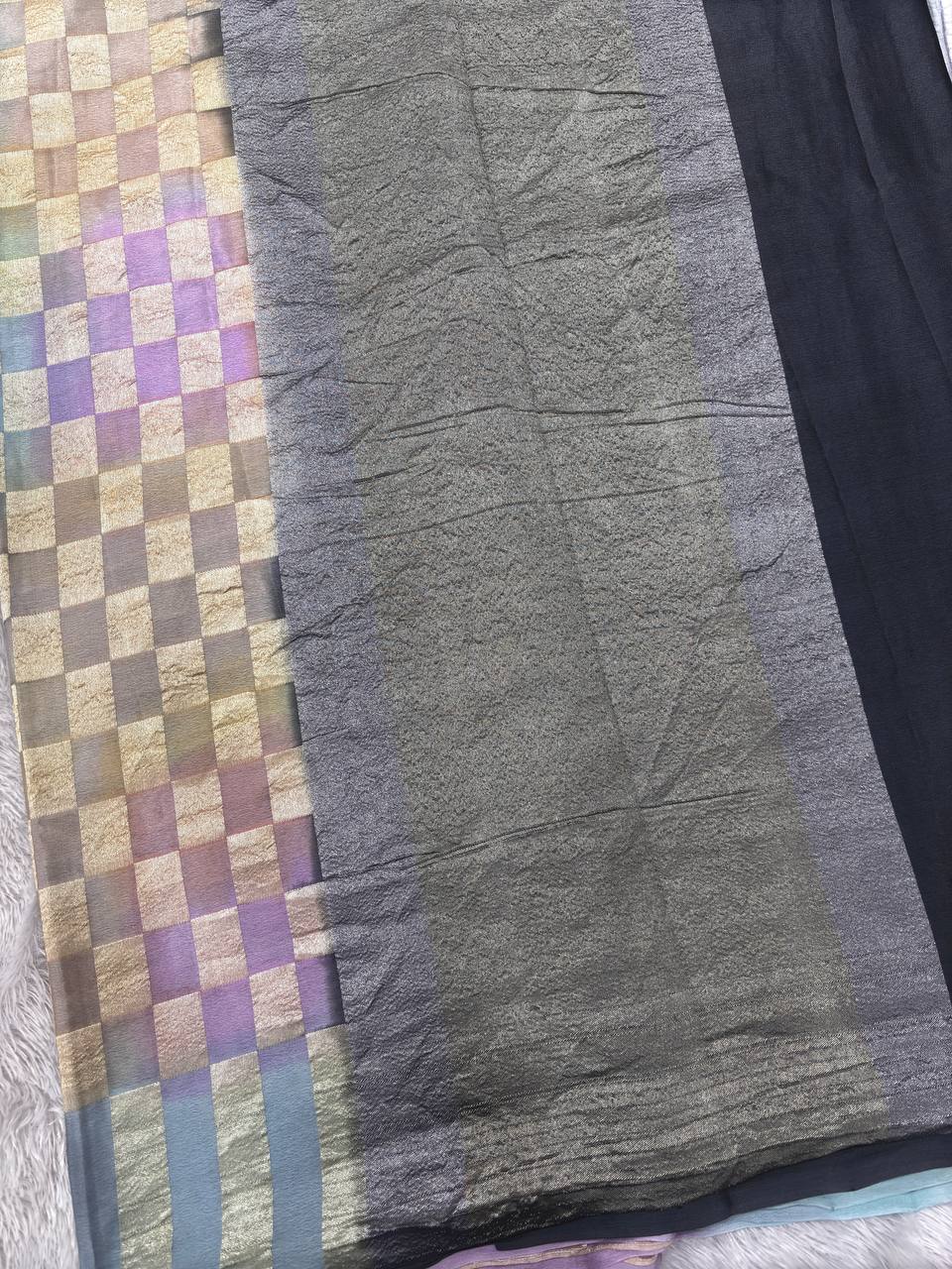 Charcoal Grey & Lavender Muted Pastel Rungkaat Handloom Banarasi Kora Silk Saree | Antique Gold Zari Geometric Chowkda Box Pattern
