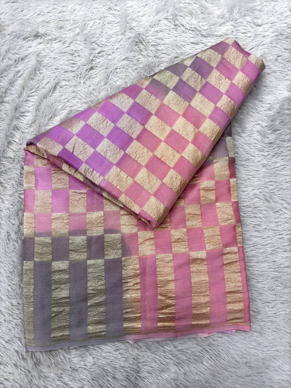 Orchid Purple & Mauve Pink Handloom Banarasi Kora Silk Saree | Antique Gold Zari Geometric Chowkda Box Pattern
