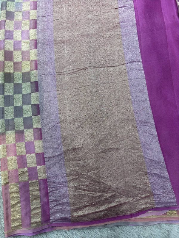 Orchid Purple & Mauve Pink Handloom Banarasi Kora Silk Saree | Antique Gold Zari Geometric Chowkda Box Pattern