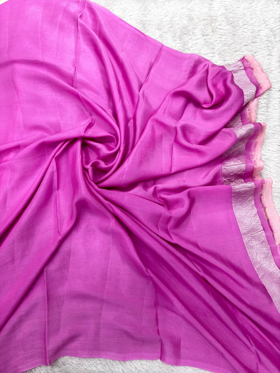 Orchid Purple & Mauve Pink Handloom Banarasi Kora Silk Saree | Antique Gold Zari Geometric Chowkda Box Pattern