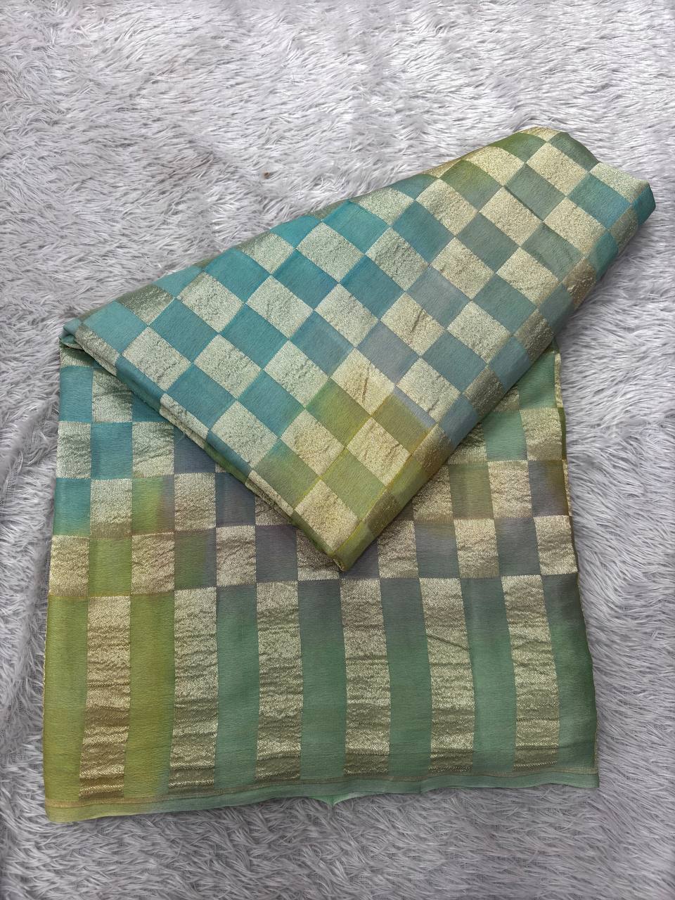 Sea Green & Aqua Blue Handloom Banarasi Kora Silk Saree | Silver Zari Geometric Chowkda Box Pattern