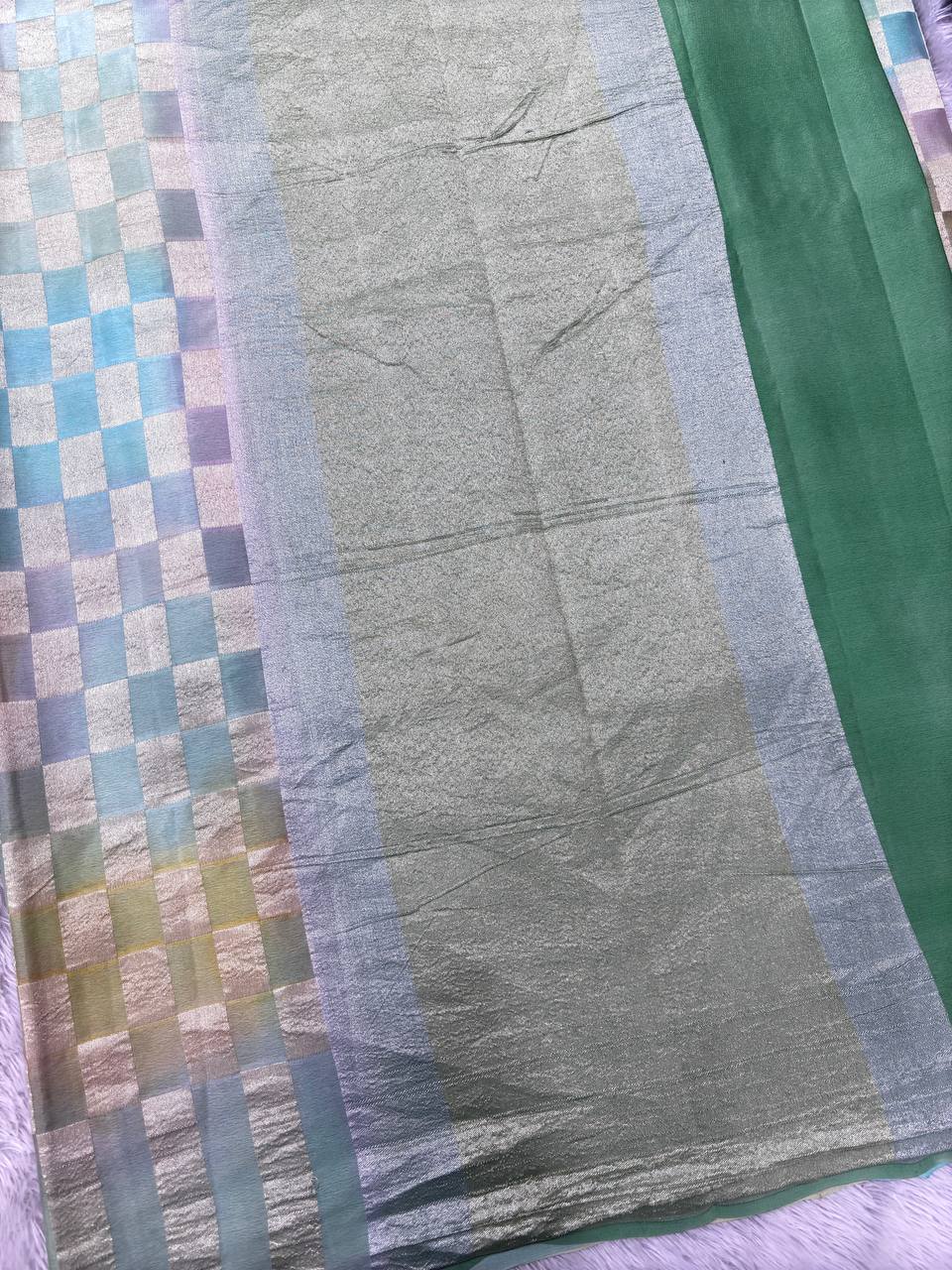 Sea Green & Aqua Blue Handloom Banarasi Kora Silk Saree | Silver Zari Geometric Chowkda Box Pattern