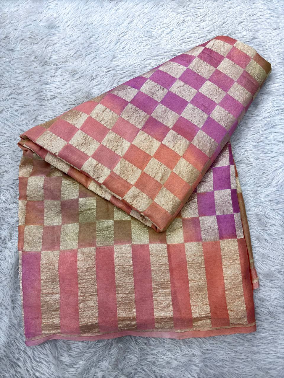 Sunset Orange & Orchid Purple Handloom Banarasi Kora Silk Saree | Antique Gold Zari Geometric Shikargah / Chowkda Box Pattern