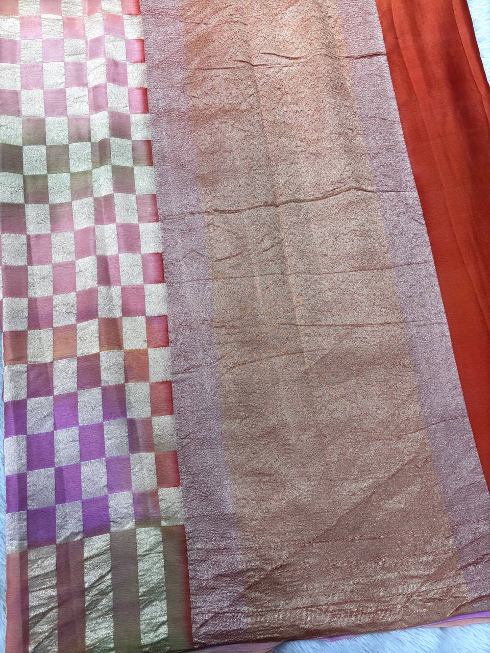 Sunset Orange & Orchid Purple Handloom Banarasi Kora Silk Saree | Antique Gold Zari Geometric Shikargah / Chowkda Box Pattern