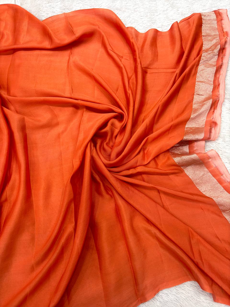 Sunset Orange & Orchid Purple Handloom Banarasi Kora Silk Saree | Antique Gold Zari Geometric Shikargah / Chowkda Box Pattern