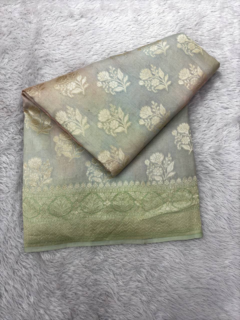 Mint Green & Soft Sage Pastel Rungkaat Handloom Banarasi Kora Silk Saree | Silver Kadhua Floral Bunch Boota & Jaal Pallu