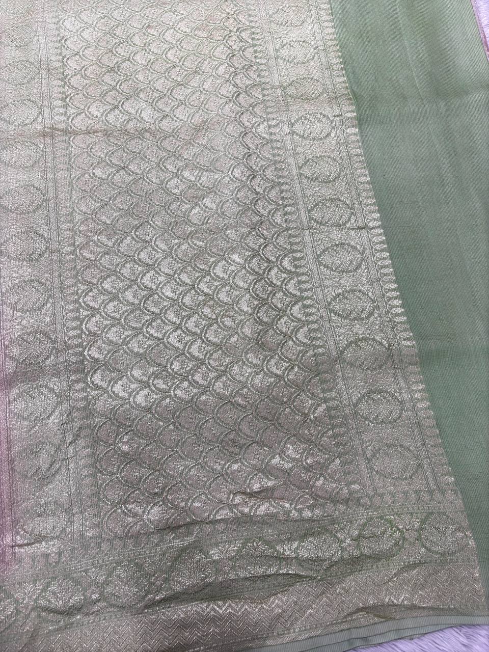 Mint Green & Soft Sage Pastel Rungkaat Handloom Banarasi Kora Silk Saree | Silver Kadhua Floral Bunch Boota & Jaal Pallu