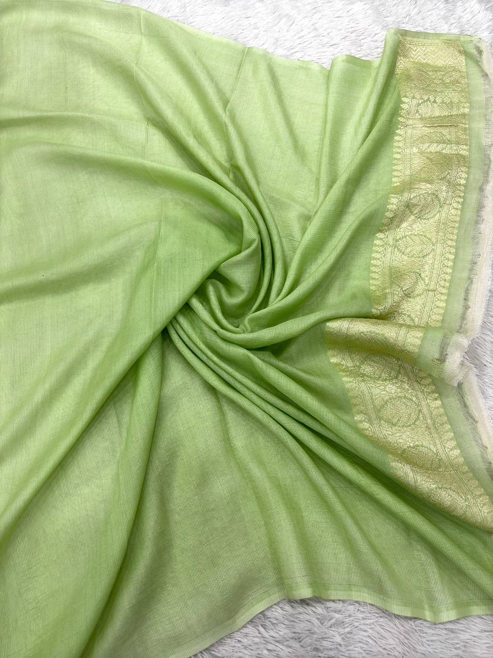 Mint Green & Soft Sage Pastel Rungkaat Handloom Banarasi Kora Silk Saree | Silver Kadhua Floral Bunch Boota & Jaal Pallu