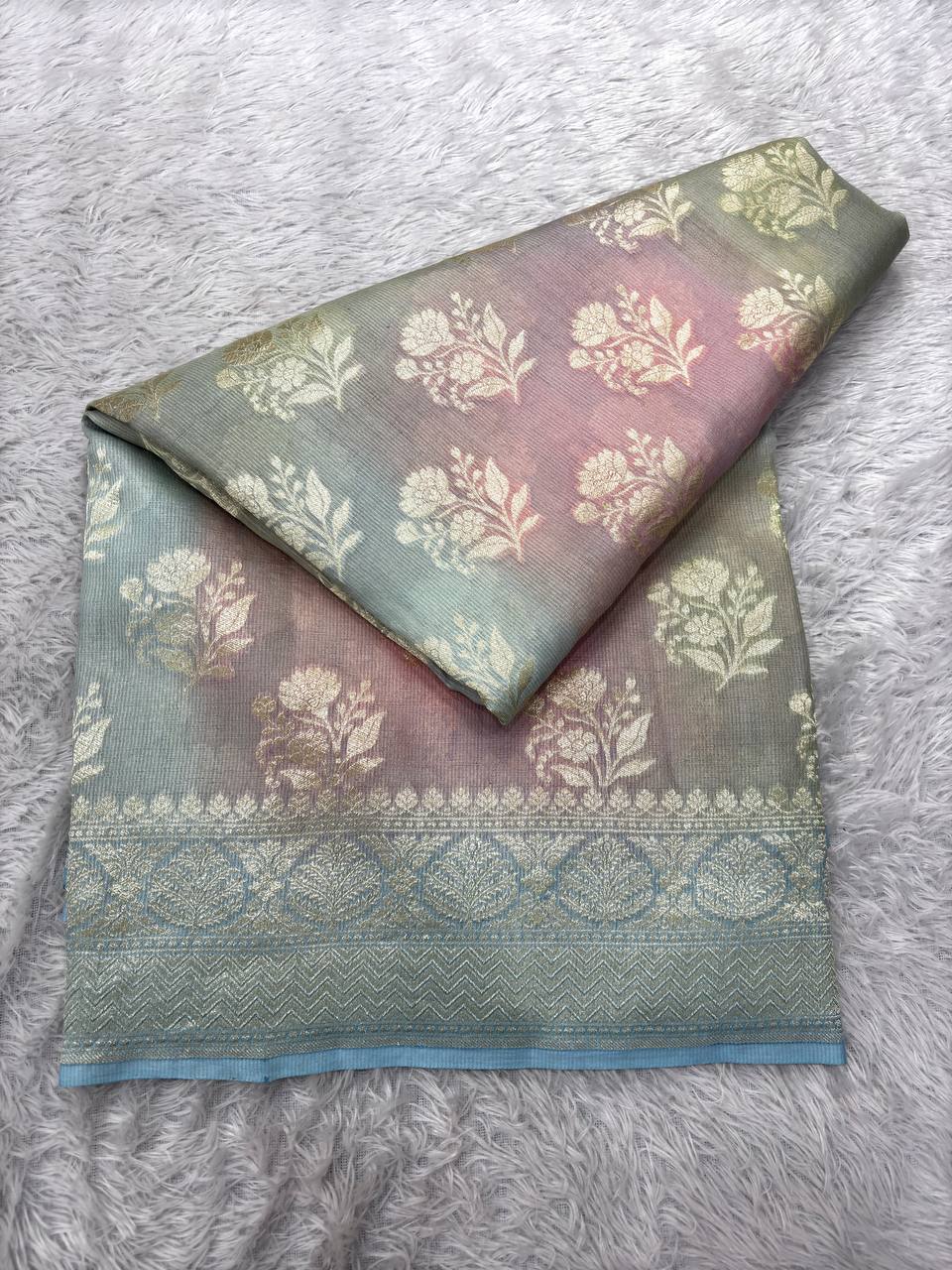 Powder Blue & Sage Green Pastel Rungkaat Handloom Banarasi Kora Silk Saree | Silver Kadhua Floral Bunch Boota & Jaal Pallu