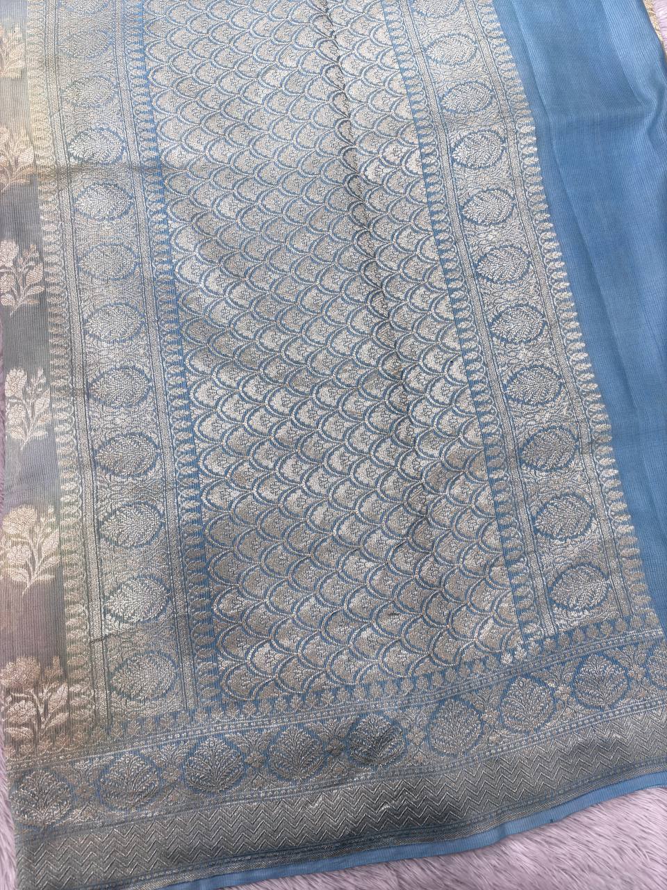 Powder Blue & Sage Green Pastel Rungkaat Handloom Banarasi Kora Silk Saree | Silver Kadhua Floral Bunch Boota & Jaal Pallu