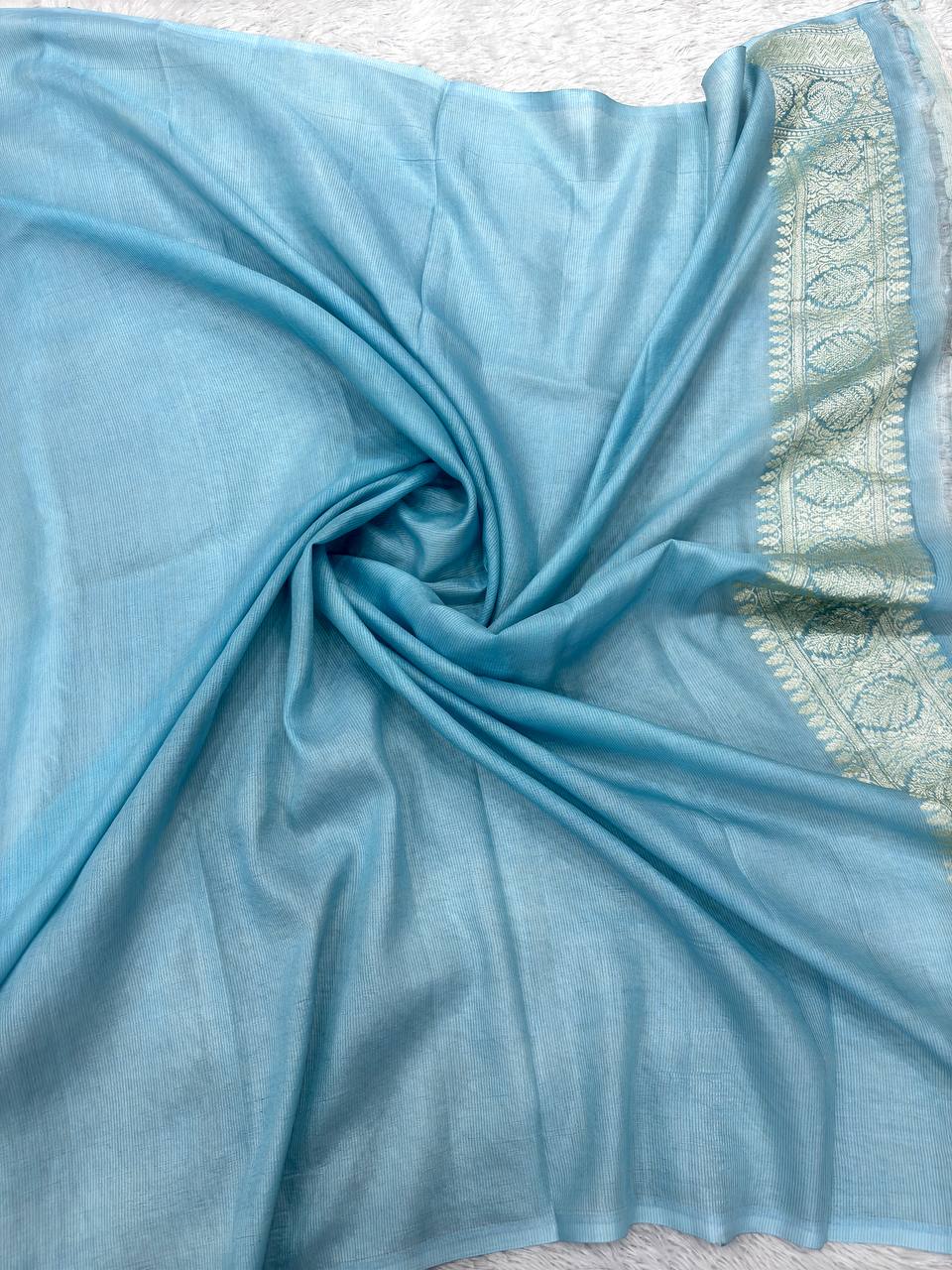 Powder Blue & Sage Green Pastel Rungkaat Handloom Banarasi Kora Silk Saree | Silver Kadhua Floral Bunch Boota & Jaal Pallu