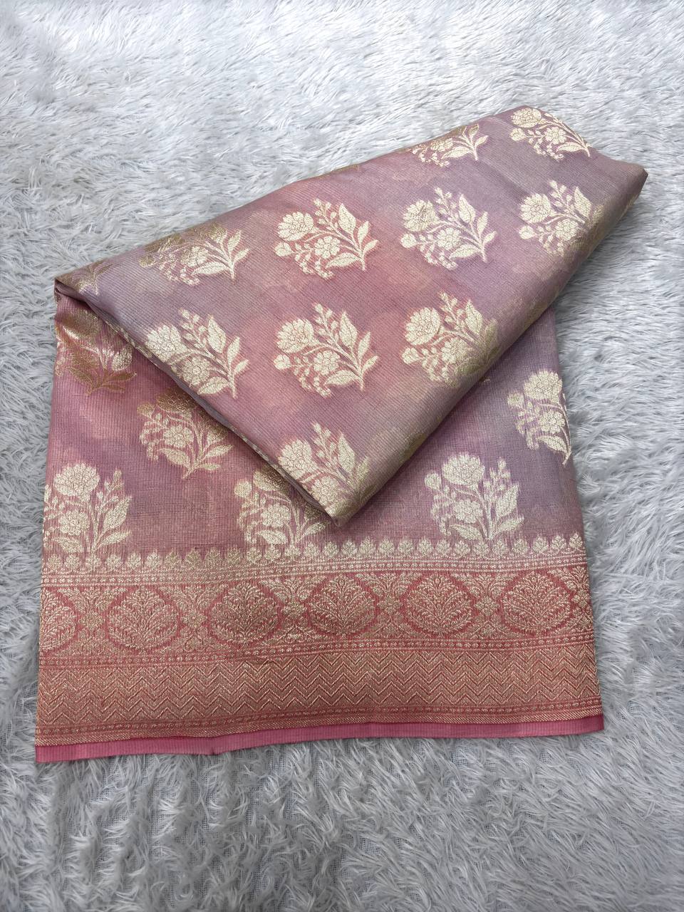 Peach Coral & Rose Quartz Pastel Rungkaat Handloom Banarasi Kora Silk Saree | Antique Gold Kadhua Floral Bunch Boota & Jaal Pallu