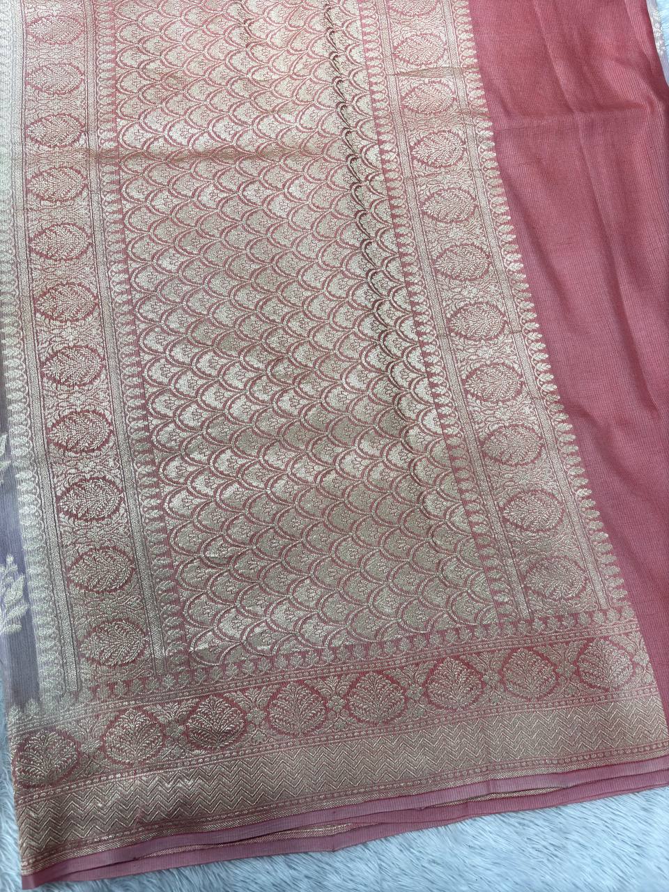 Peach Coral & Rose Quartz Pastel Rungkaat Handloom Banarasi Kora Silk Saree | Antique Gold Kadhua Floral Bunch Boota & Jaal Pallu