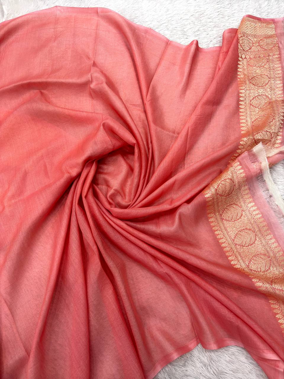 Peach Coral & Rose Quartz Pastel Rungkaat Handloom Banarasi Kora Silk Saree | Antique Gold Kadhua Floral Bunch Boota & Jaal Pallu